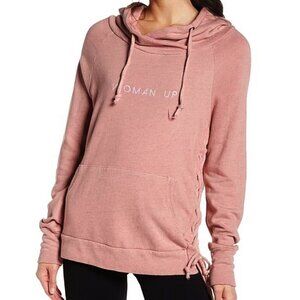 Good hYOUman Woman Up Lace-Up Hoodie Corset Asymmetric Heathered Pink Oversized